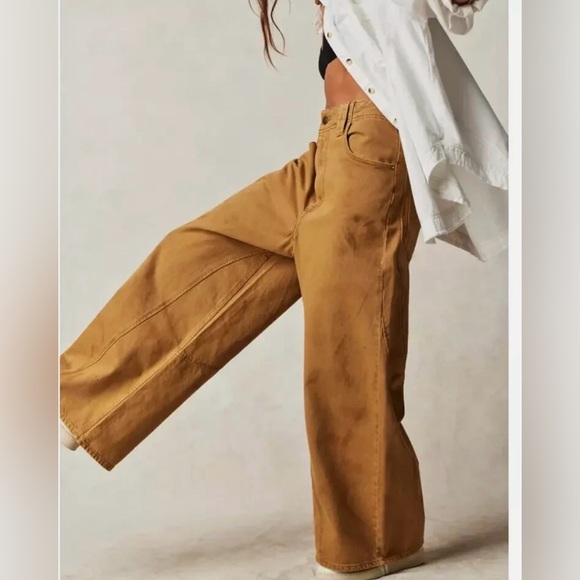 FREE PEOPLE Chill Vibes Scout Tan Dropped Wide Leg Jeans Size 24 NWOT - Picture 3 of 11